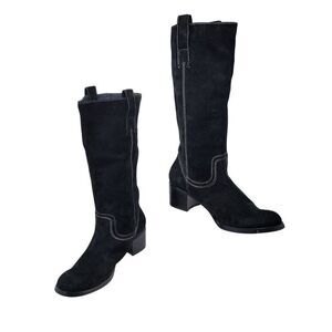 Vintage Black Suede Leather Knee High Cowboy Boots 10 White Contrast Stitching